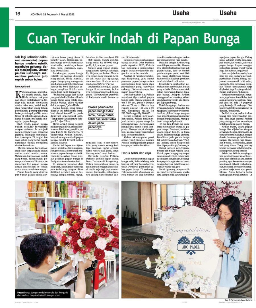 Liputan KONTAN — papan bunga Jakarta Dear Darlene