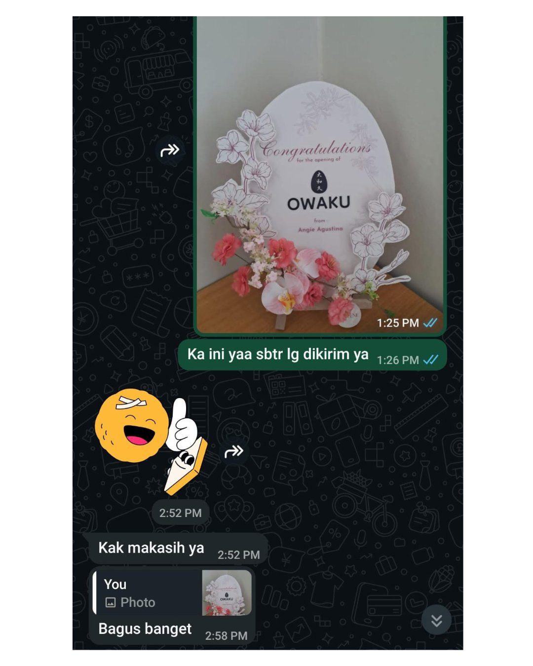 Review WhatsApp pelanggan Dear Darlene: papan bunga grand opening restoran OWAKU — bagus banget